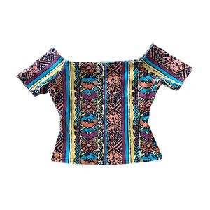 VINTAGE YES Clothing 80s, 90s, Tribal Print Off Shoulder Cotton Lycra Crop Top